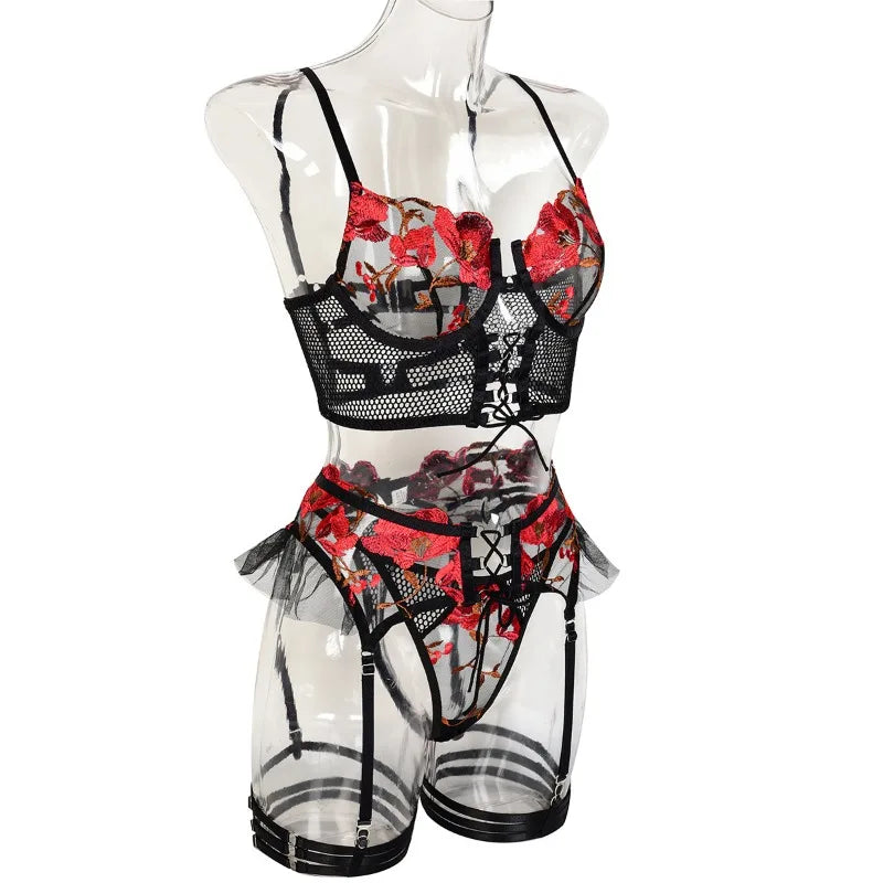 Toucheart 4-Piece Sexy Lingerie Set Women Embroidered Flower Straps Cross Hollow Out Mesh Patchwork Sexy Lace Up Bra Garters Set