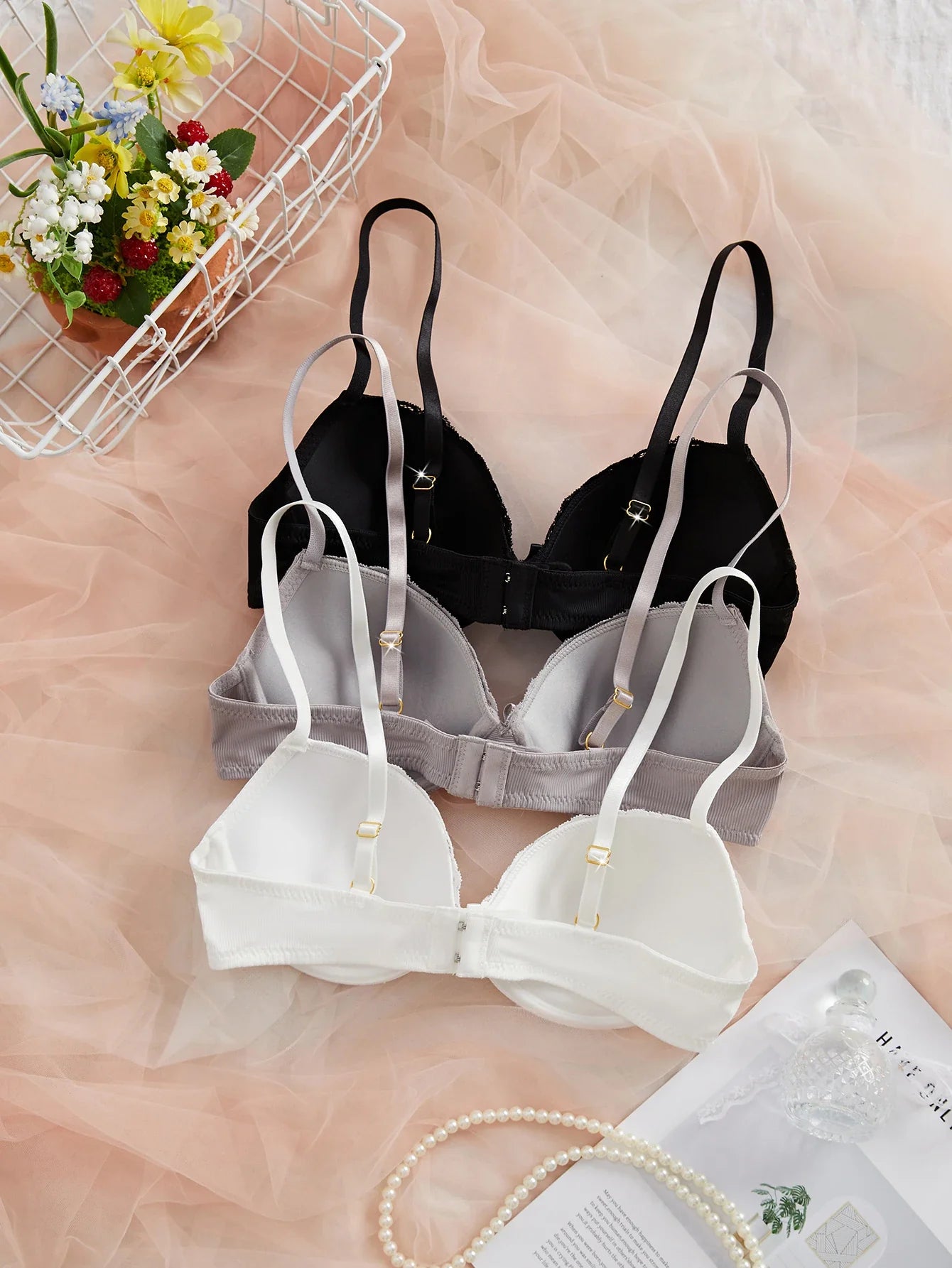 3-Pack Ribbed Women's Underwear Set Everyday Push up Bra Lace Trim Splicing Sexy Bras Comfortable Thin Cup Underwire Women's Bra