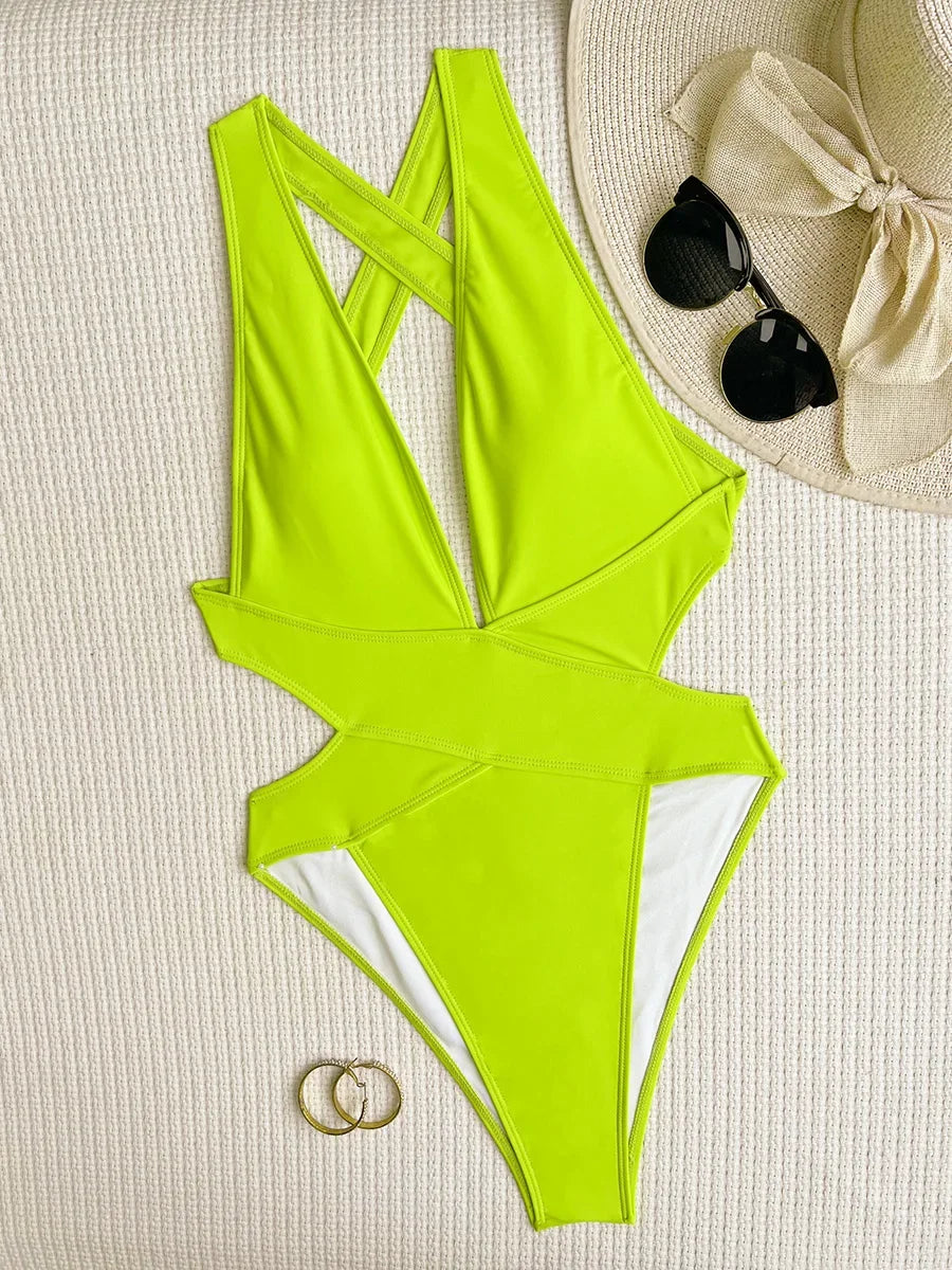 Scrunch Butt Swimsuits Deep V Neck Cross Backless One Piece Swimsuit Women Swimwear Female Monokini High Cut Bathing Suit Swim