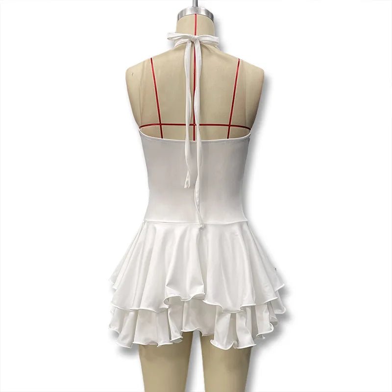 Hot Girl Slim Halter Neck Mini Dress Solid Color V-neck Single-breasted Layered Ruffles Bodycon Short Dresses Fashion Female New