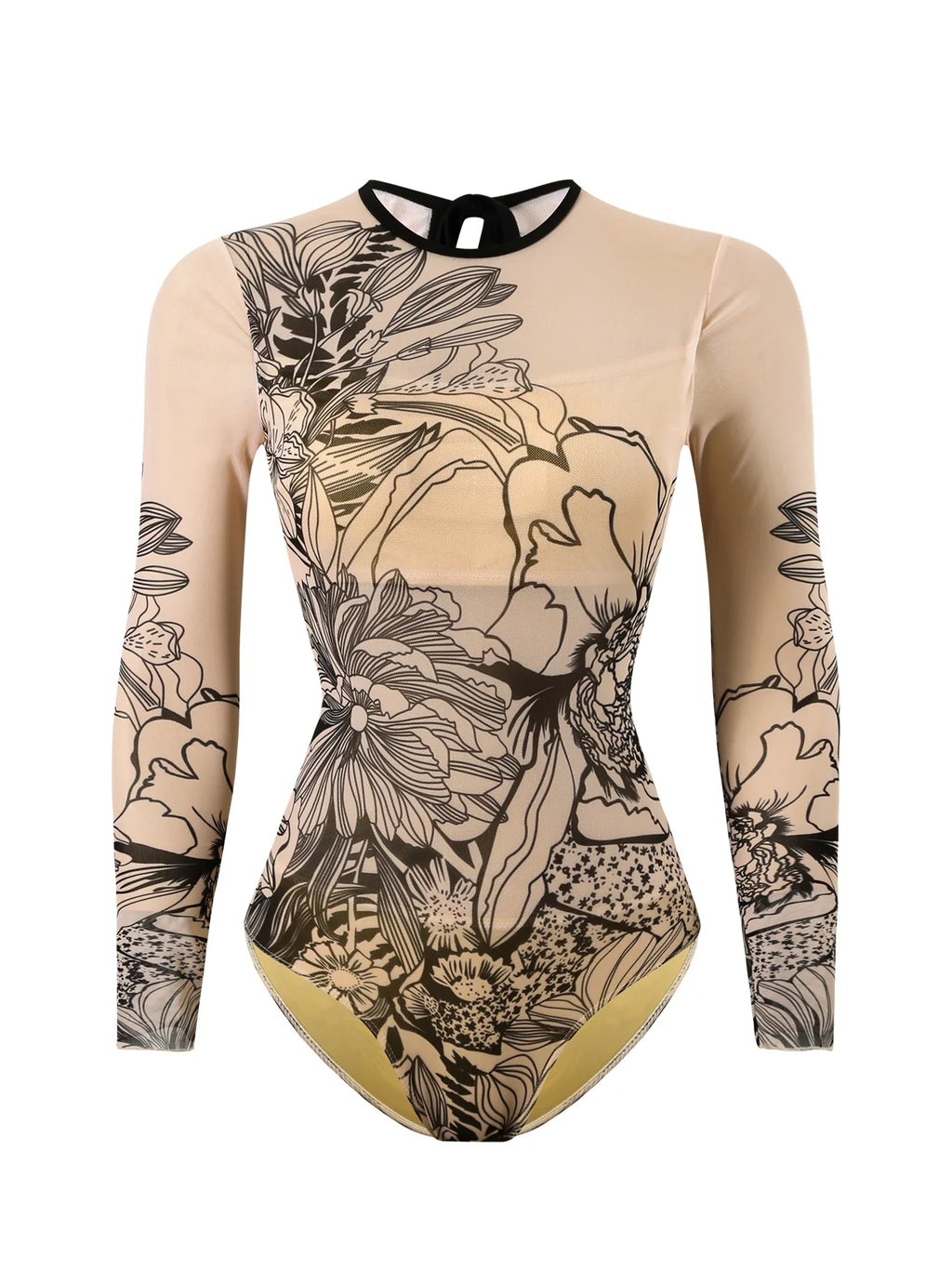 2026 Printed Mesh Swimsuit One Piece & Beach Dress Long Sleeves Swimwear Women Bathing Swimming Swim Suit Padded Beachwear