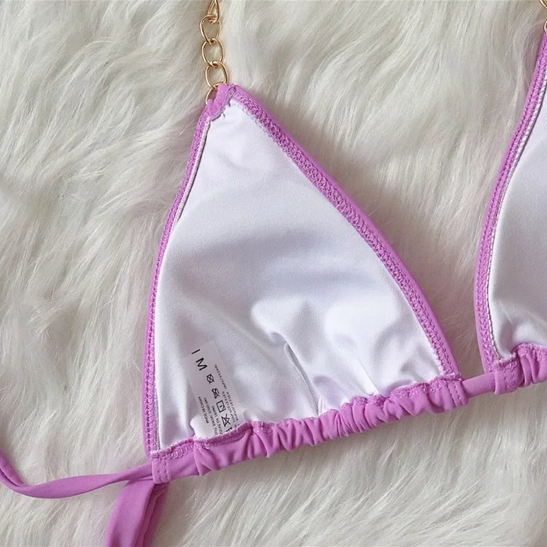 2026 Sexy Bikini Women Swimwear Swimsuit Luxury Rhinestone Metal Chain Halter Purple Triangle Beach Bikinis Set Bathing Suit New