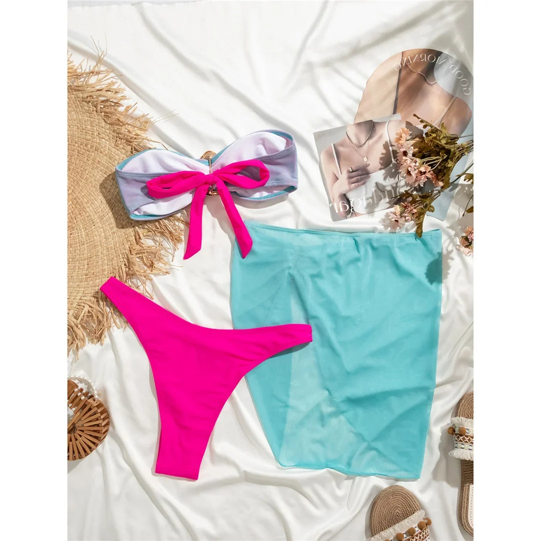 Sexy Bandeau With Skirt Splicing Bikini Female Swimsuit Women Swimwear Three-Pieces Bikini Set Bather Bathing Suit Swim V5640