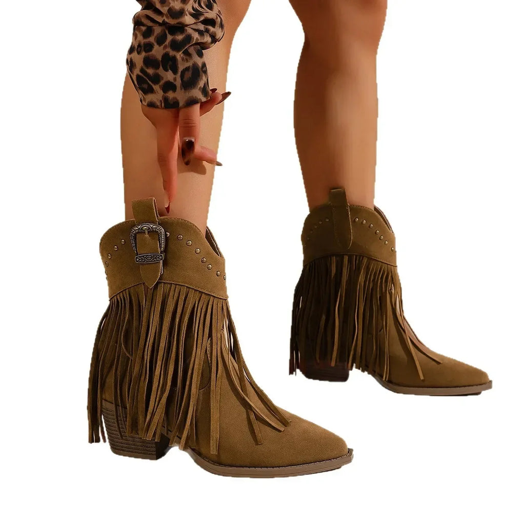 Women Ankle Boots Autumn  Suede Chelsea Boots Pointed Toe Tassel High Heel Shoe Rivet Fashion Retro Cowboy Boots Botas Mujer