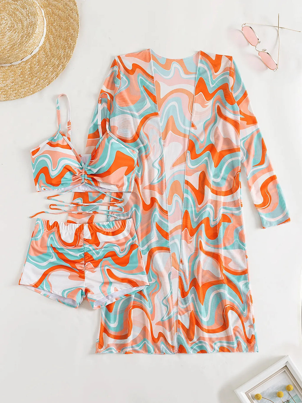 3 Pieces Sexy Print Bikini 2026 Women High Waist Swimsuit & Kimono Swimwear Female Lady Bathing Suit Swimming Summer Beachwear