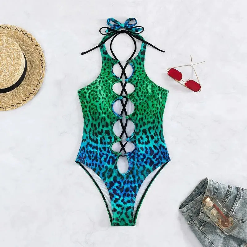 Sexy Black Hollow Out Swimwear Women 2026 High Neck Backless Monokini Lace Up Bandage Bathing Suit Holiday One Piece Swimsuit