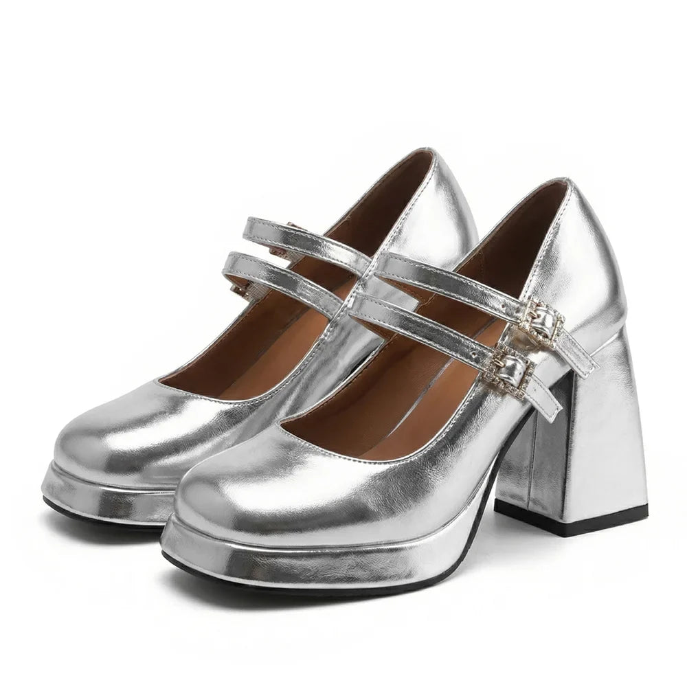Big Size 32-46 Y2K Metallic Mary Jane High Heels Women Shoes Round Toe Double Straps Rhinestone Buckle Platform Block Heel Pumps