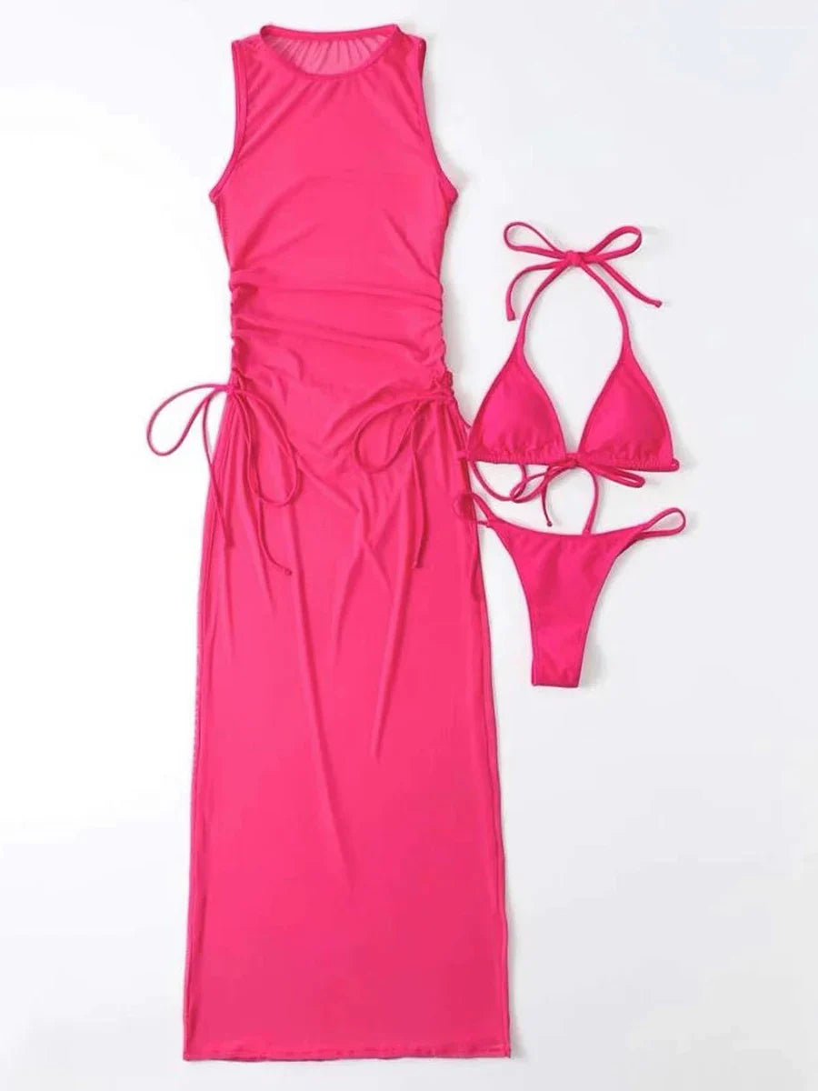 3 Pieces Thong Bikini 2026 Women With Dress String Swimwear Female Solid Swimsuit Beach Wear Bathing Swimming Suit Summer