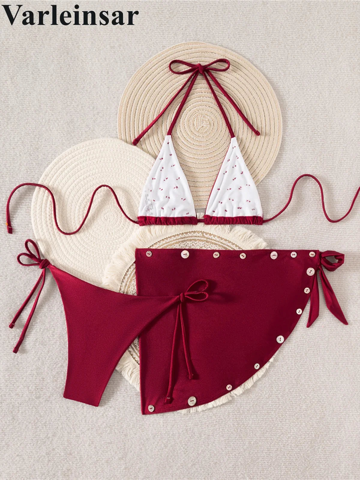 With Sarong Buttons Halter Bikini Female Swimsuit Women Swimwear Three-Pieces Bikini Set Padded Bather Bathing Suit Swim V8307