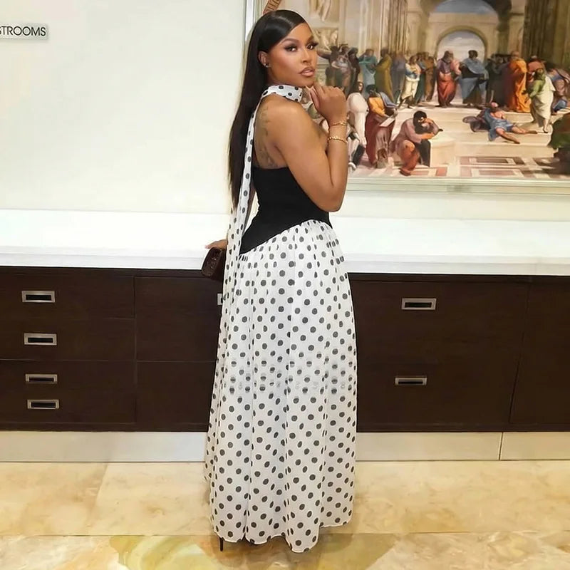 FDYOUI Elegant Bandage Polka Dot Patchwork Evening Dresses Women's 2026 Summer Off Shoulder High Slit Pleated Long Party Dress