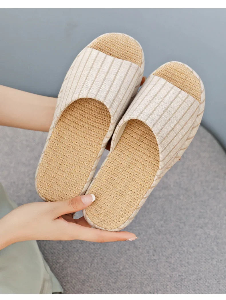 Breathable Linen Slippers For Women Men Summer House Shoes Striped Design Soft Sole Anti-Slip Couples Home Floor Cotton Slides