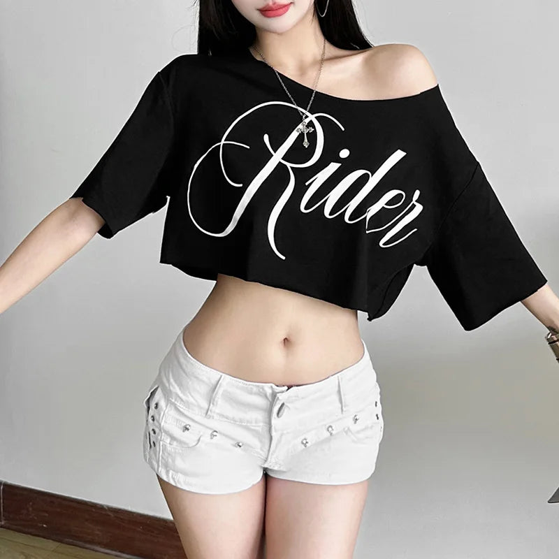 Letter Print Oversized Tees Women Skew Collar Off Shoulders Short Sleeves T-shirt Irregular Hem Hip-hop Style Trend Crop Tops