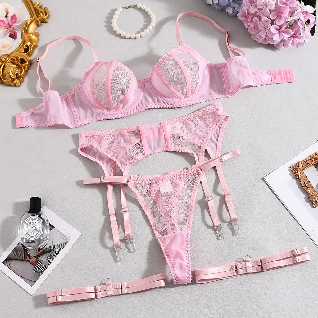 Toucheart Women Lace Sexy Lingerie Panty Patchwork Solid Color Skinny Plunge See-through Romantic Interesting Underwear Cute Set