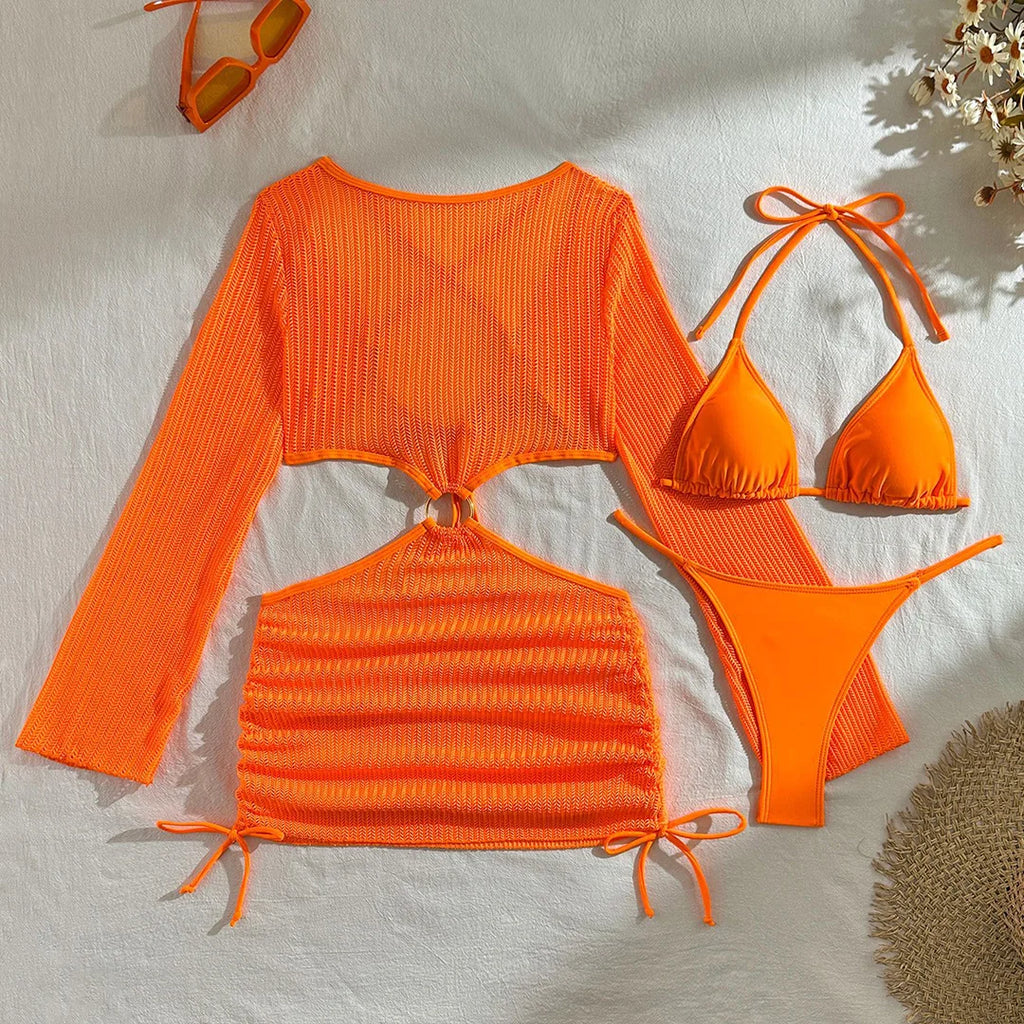 With Long Sleeve Cover Up Halter Bikini Women Swimwear Female Swimsuit Three-pieces Bikini set Bather Bathing Suit Swim V5123
