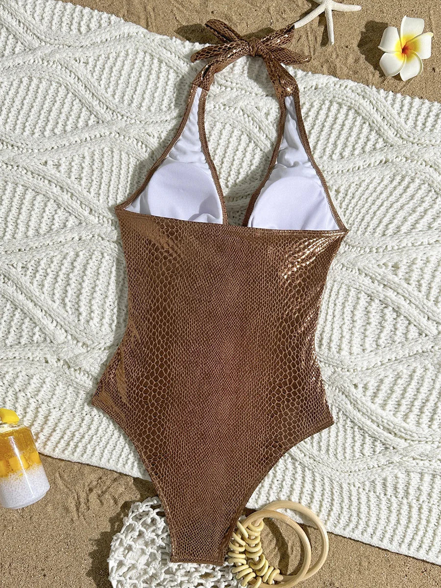 SnakeSkin Halter V Neck Backless Female Swimwear One Piece Swimsuit Women Monokini High Cut Bathing Suit Swim Bodysuit Beachwear