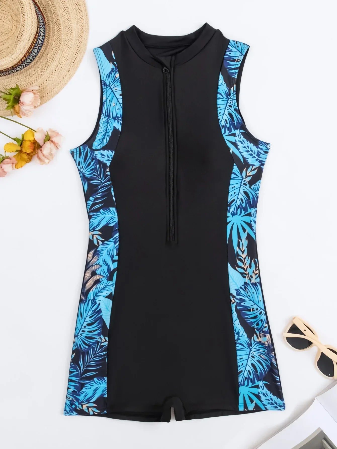 Vintage Blue Leaves Print Spliced One Piece Swimsuit Surfing Suit for Women Zipper Conservative Sports Bathing Suit Swimwear