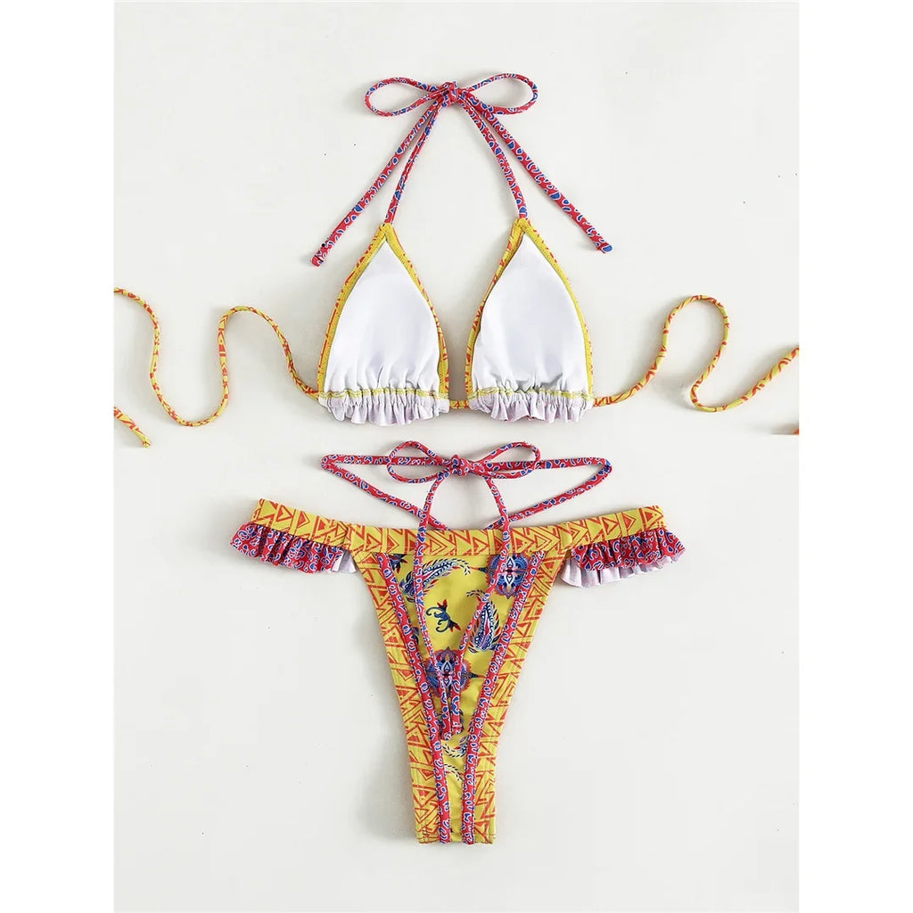 5 Colors Sexy Printed Halter Frilled Bikini Women Swimwear Female Swimsuit Two-Pieces Bikini Set Bather Bathing Suit Swim V4651