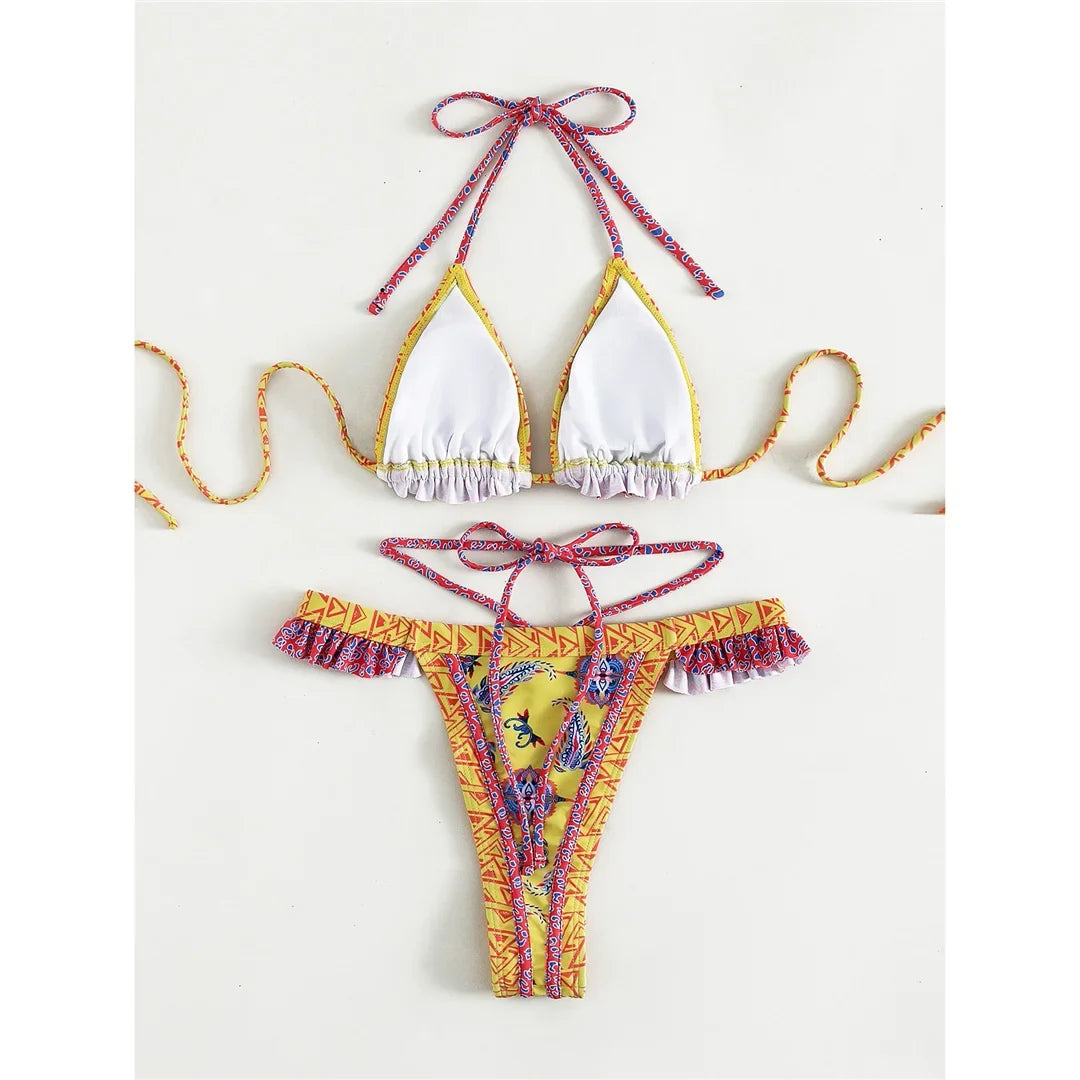 5 Colors Sexy Printed Halter Frilled Bikini Women Swimwear Female Swimsuit Two-Pieces Bikini Set Bather Bathing Suit Swim V4651