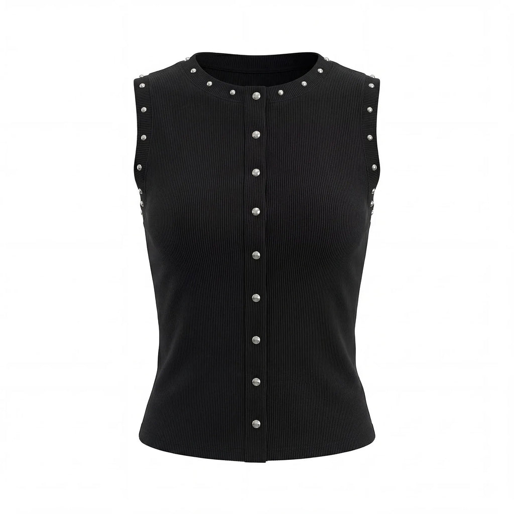 Summer Women's Studded Tank Tops Casual Stylish Button Down Crew Neck Slim Fit Sleeveless Vest Ribbed Gothic Punk Street