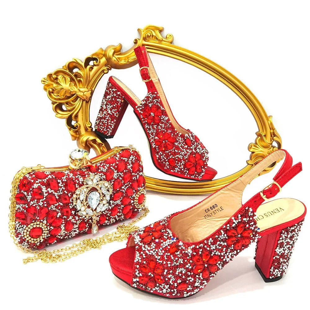 Doershow beautiful Italian Shoes And Bag Sets For Evening Party With Stones Italian Leather Handbags Match Bags! 21-2