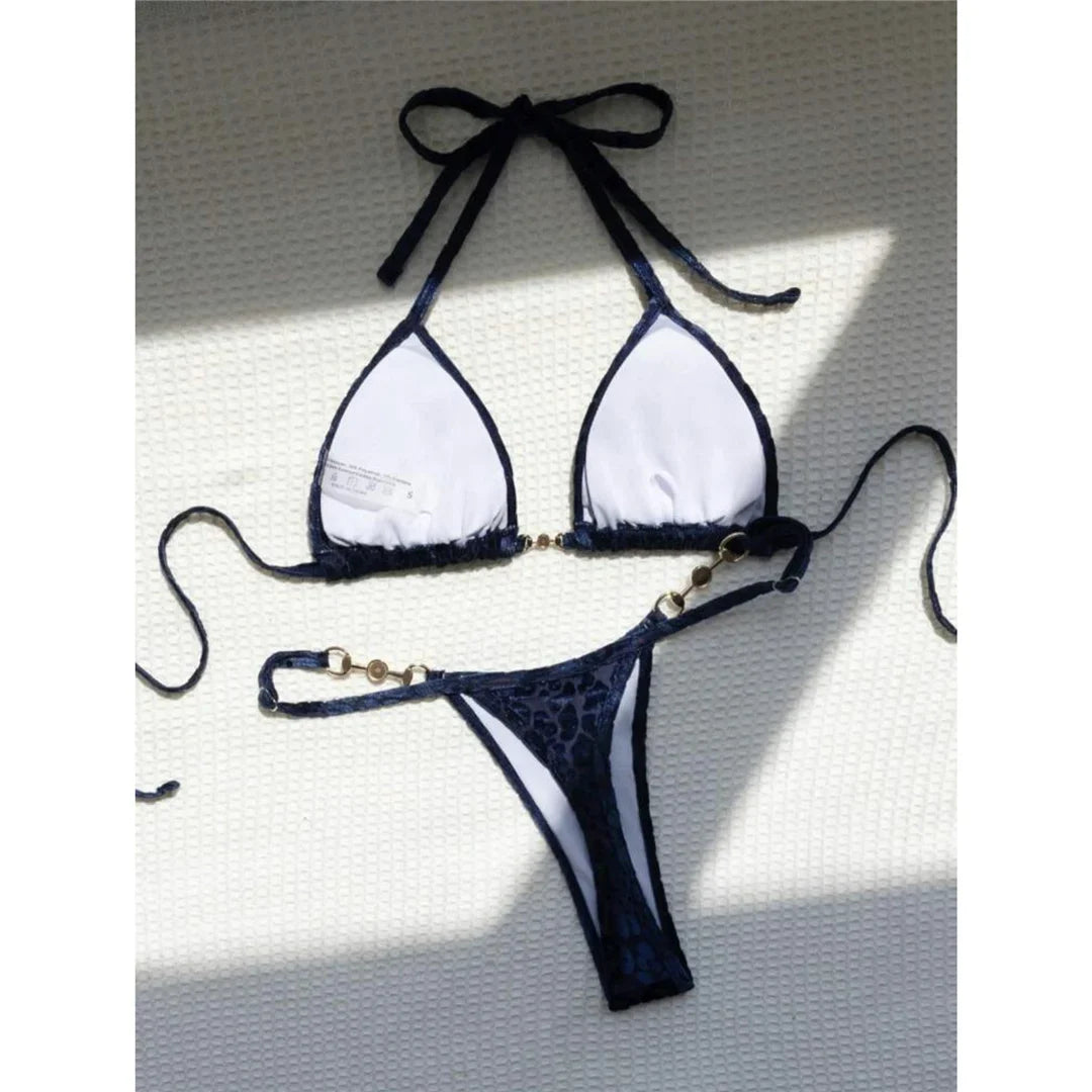 S - XL Leopard Pearl Mini Micro Thong Bikini Female Swimsuit Women Swimwear Two-Piece Bikini Set Bather Bathing Suit Swim V5207B