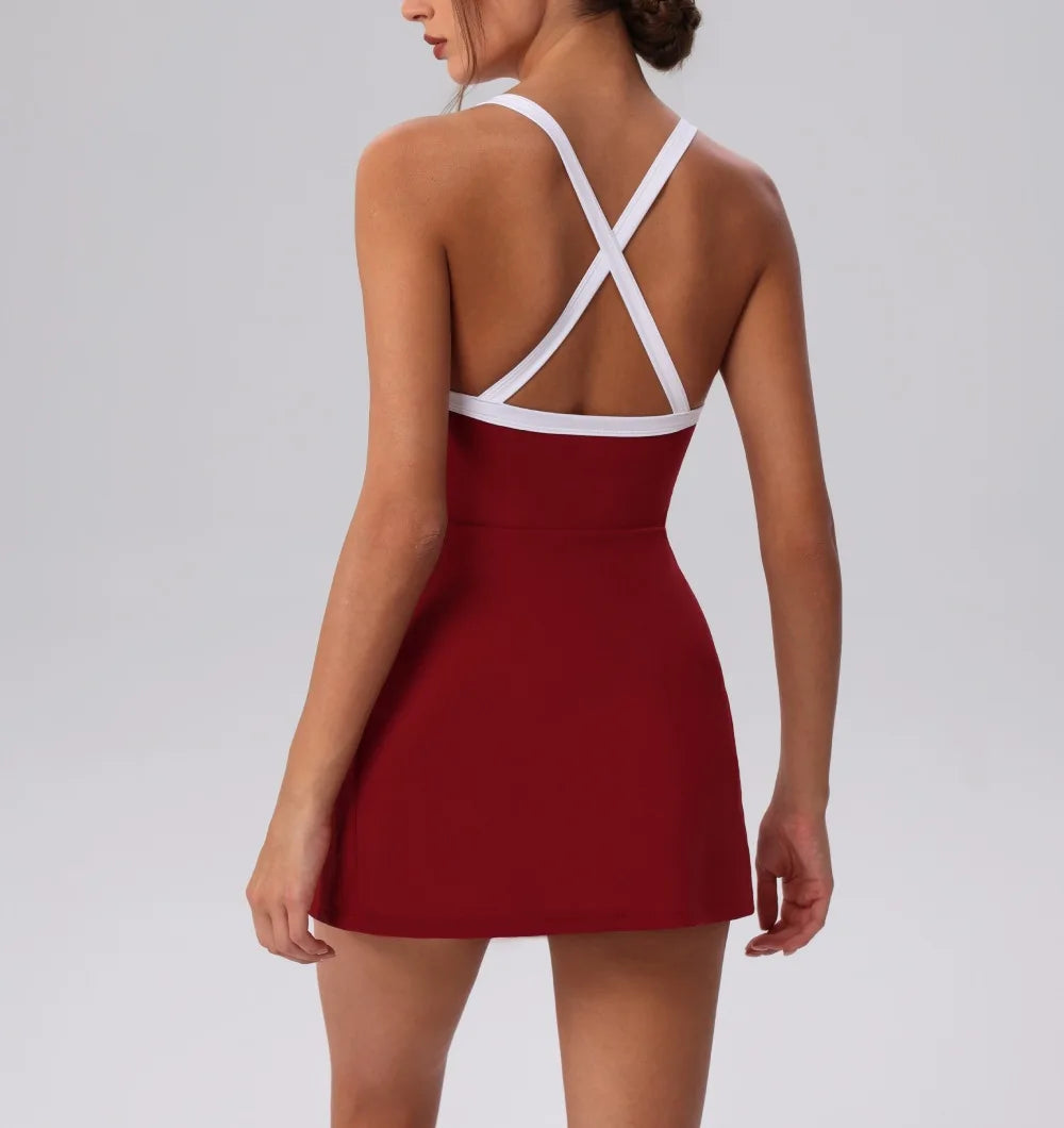 Color Contrast Tennis Dresses Women Beautiful Back Hollow Back Cross Split Skirt Pocket Sports Fitness One-piece Yoga Golf Suit