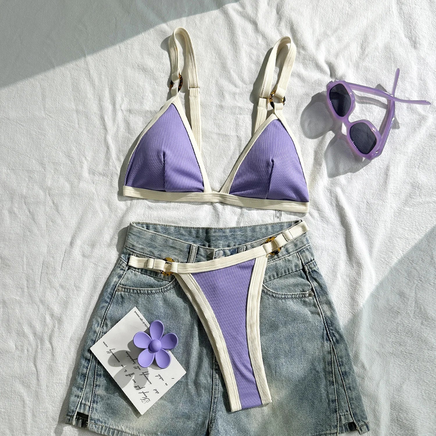 Splicing Ribbed High Cut Ring Mini Micro Bikini Women Swimwear Female Swimsuit Two-pieces Bikini Set Bathing Suit Swim Beachwear