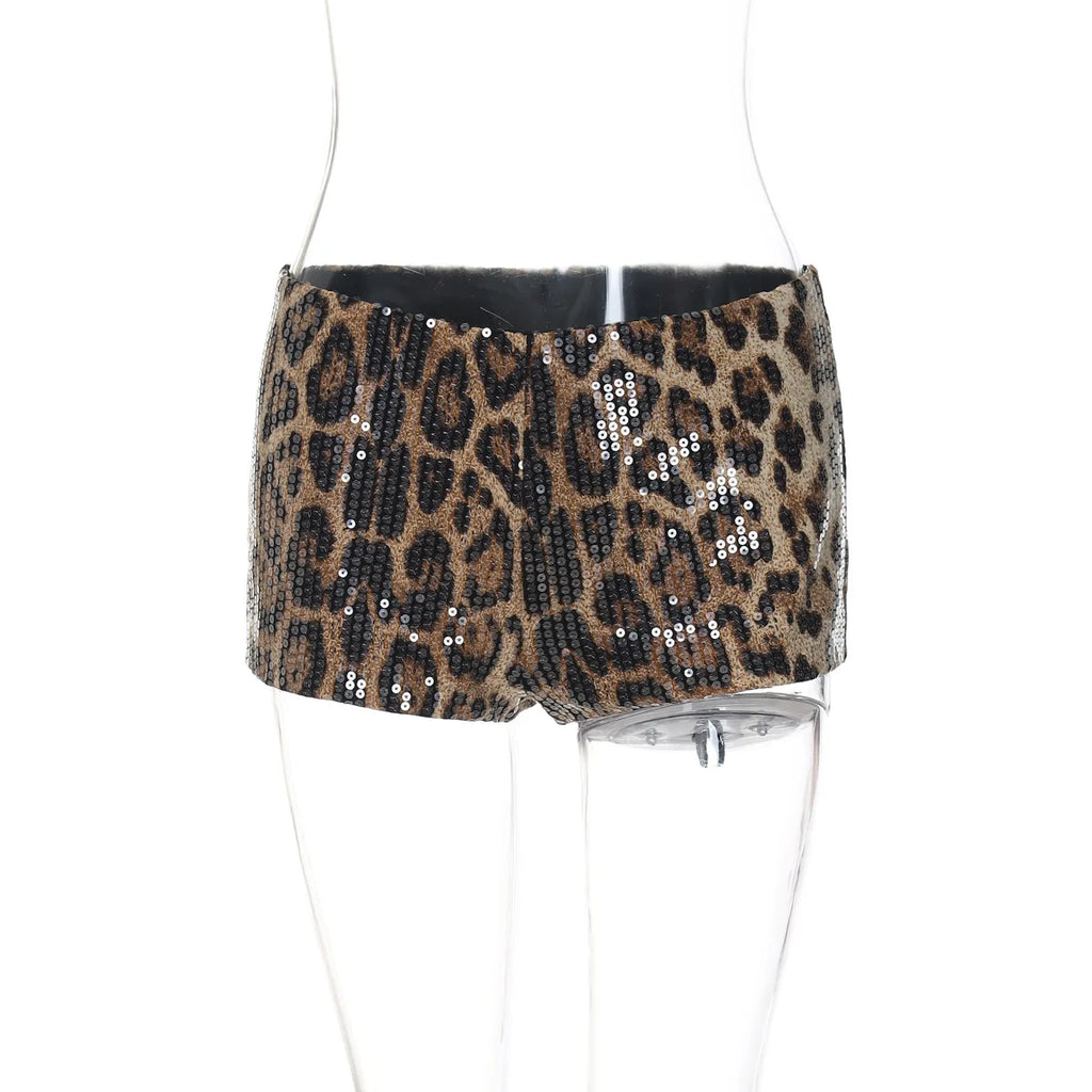 Sexy Chic Leopard Printed Super-short Night Club Shorts Women Fashion Skinny Sequins Short Pants Evening Party Outfit Streetwear
