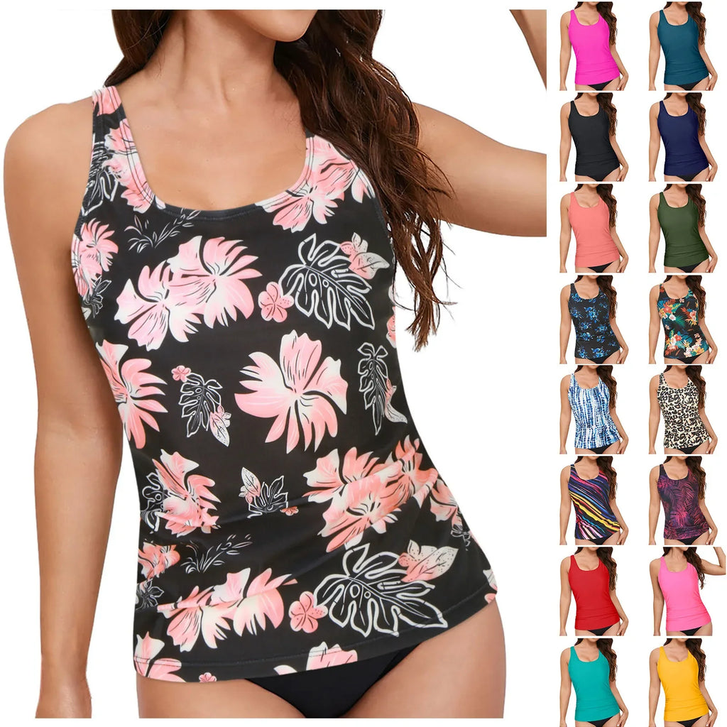Women Tankini Swimwear Tops Full Coverage Swimsuit Floral Leopard Print Swim Vest Bathing Suit Swimming Suit Summer Beach Wear