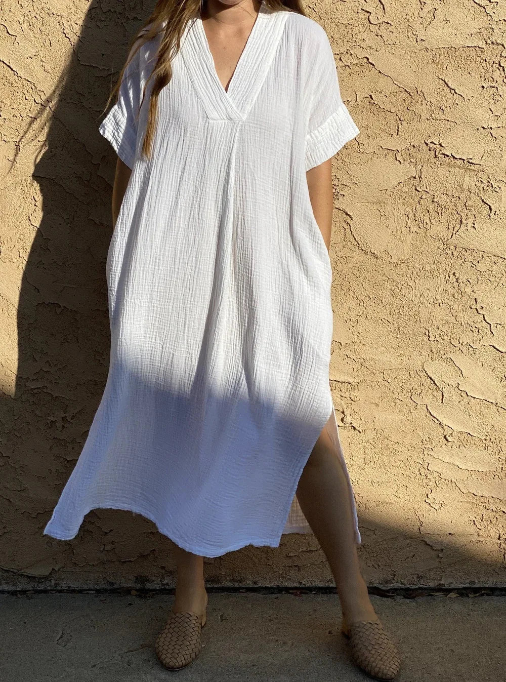 Beach Cover-ups for Women 2026 Solid Color Sexy V-neck Short Sleeve Loose Long Robe Dress Sun Protection Beachwear PZMZ09