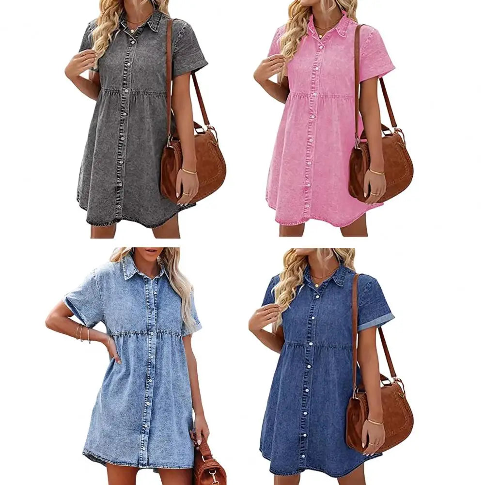 Faux Denim Button-down Mini Dress Women Summer Dress Short Sleeves A-line Lapel Patchwork Dress for Dating Commuting Party