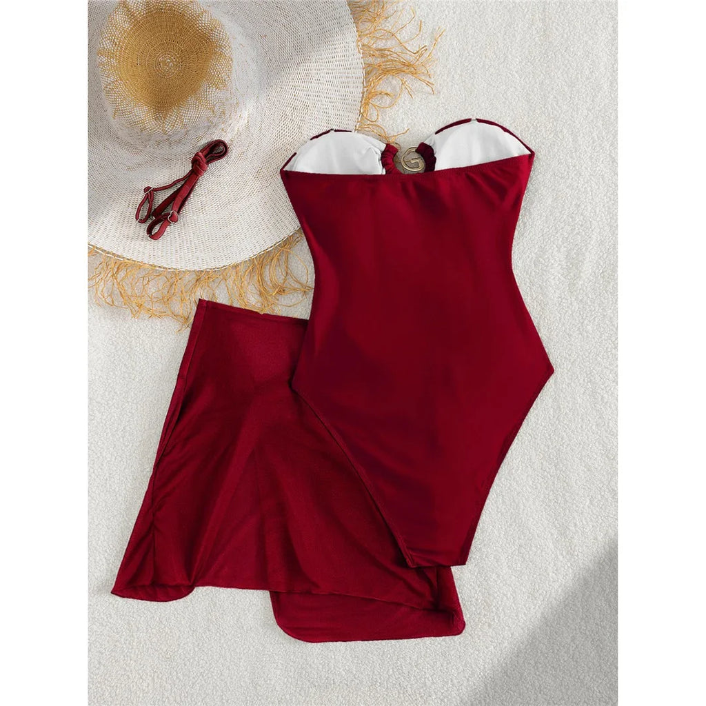XS - L 6 Colors With Skirt Cut Out Women Swimwear Bandeau Metal Ring Bather Bathing Suit Swim One Piece Swimsuit Female K8108