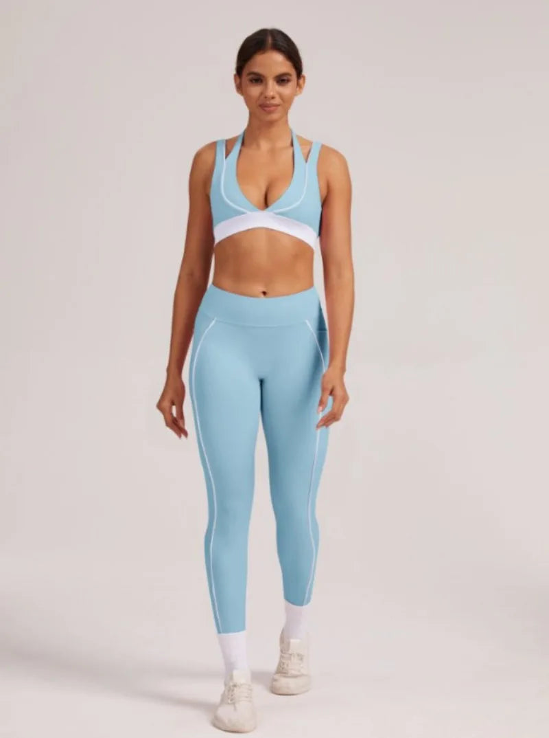 Women's Yoga Sets Sports Fitness V-Neck Halter Sports Bra Color-Block Hip-lifting Pants Suits Running Training Workout Gym Sets
