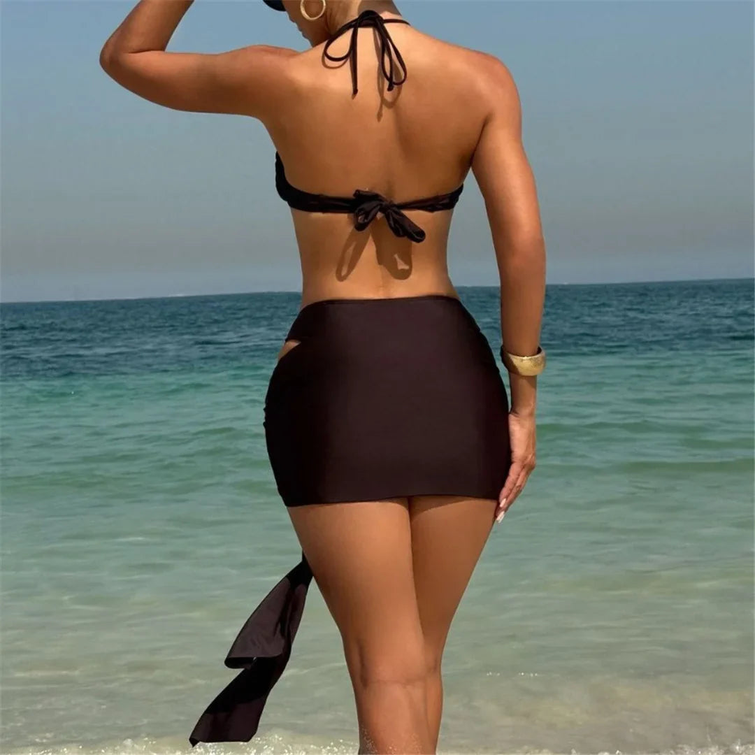 3PCS With Skirt Halter Metal Ring Bikini Female Swimsuit Women Swimwear Three-pieces Bikini set Bather Bathing Suit Swim K7157