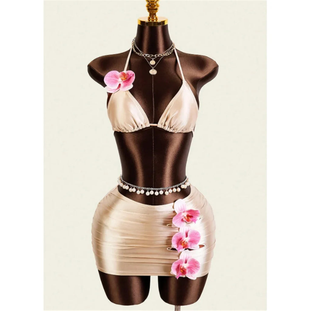 XS - L With Skirt 3D Flower Halter Bikini Women Swimwear Female Swimsuit Three-Pieces Bikini Set Bather Bathing Suit Swim V8065
