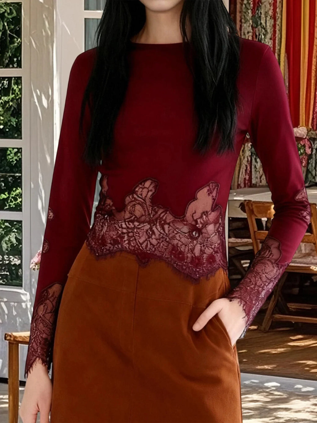 Women's Spring Summer Round Neck Tops Solid Color Long Sleeve Slim Fit Party Lace Patchwork T-shirts