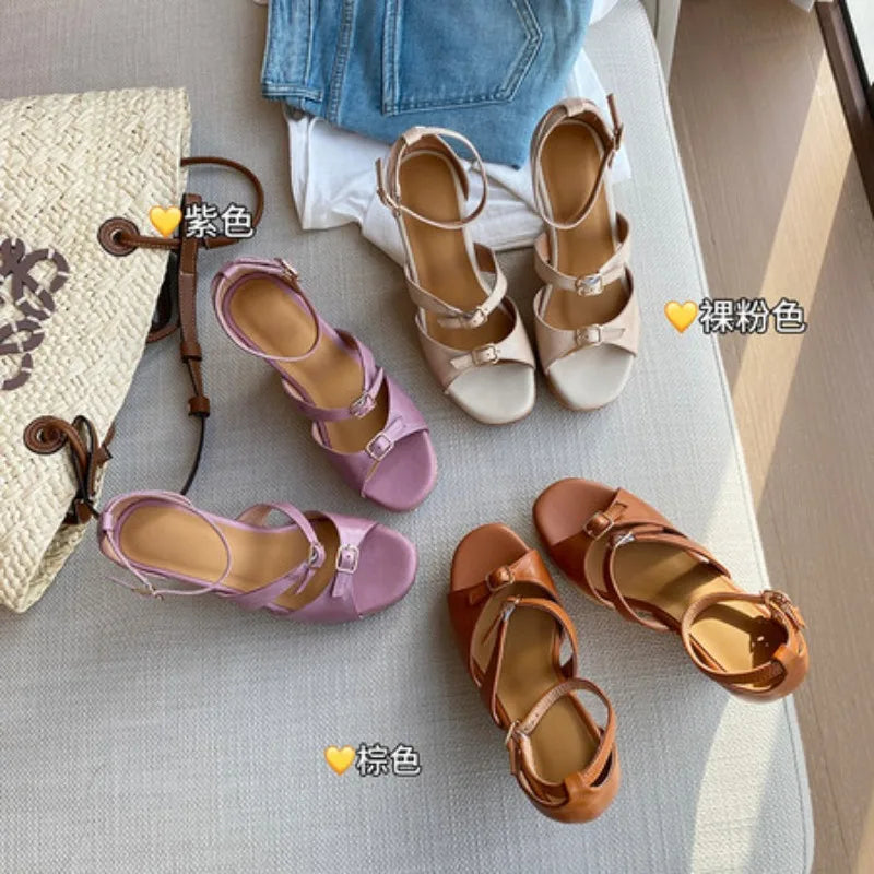 Women’s Sandals Cowhide Shoes Thick Platform Heel Sandals Elegant Lady Summer Apricot High Heel Peep Toe Buckle Sandals