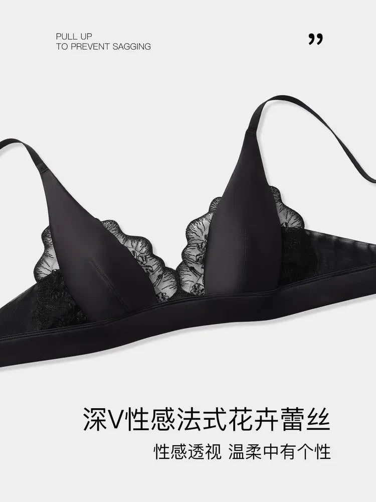 Modest French Lingerie Wirefree, Luxury Satin Bralette for Small Chest Summer Thin Cover Lace Bra Elegant Comfort MOYISU S-XL AB