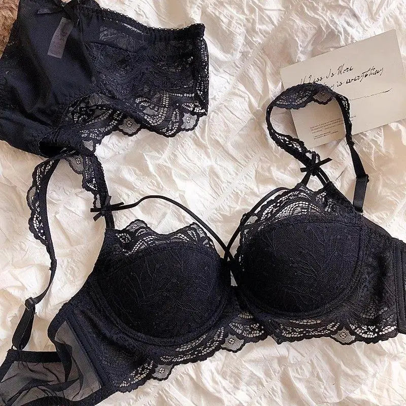 MOYISU Sexy French Lace Bralette Small Bust Cup Bra Set with Removable Straps & Push Up Pads, Soft Underwire Thin Girls Bra Top