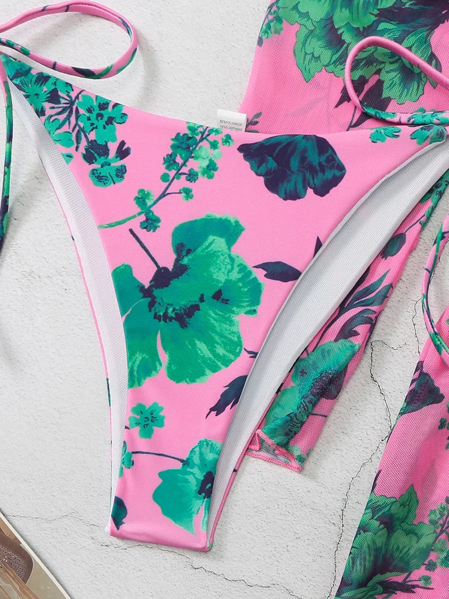 3 Pieces Printed Halter String Bikini 2026 Women & Kimono Swimwear Female Swimsuit Beachwear Bathers Bathing Swimming Swim Suit