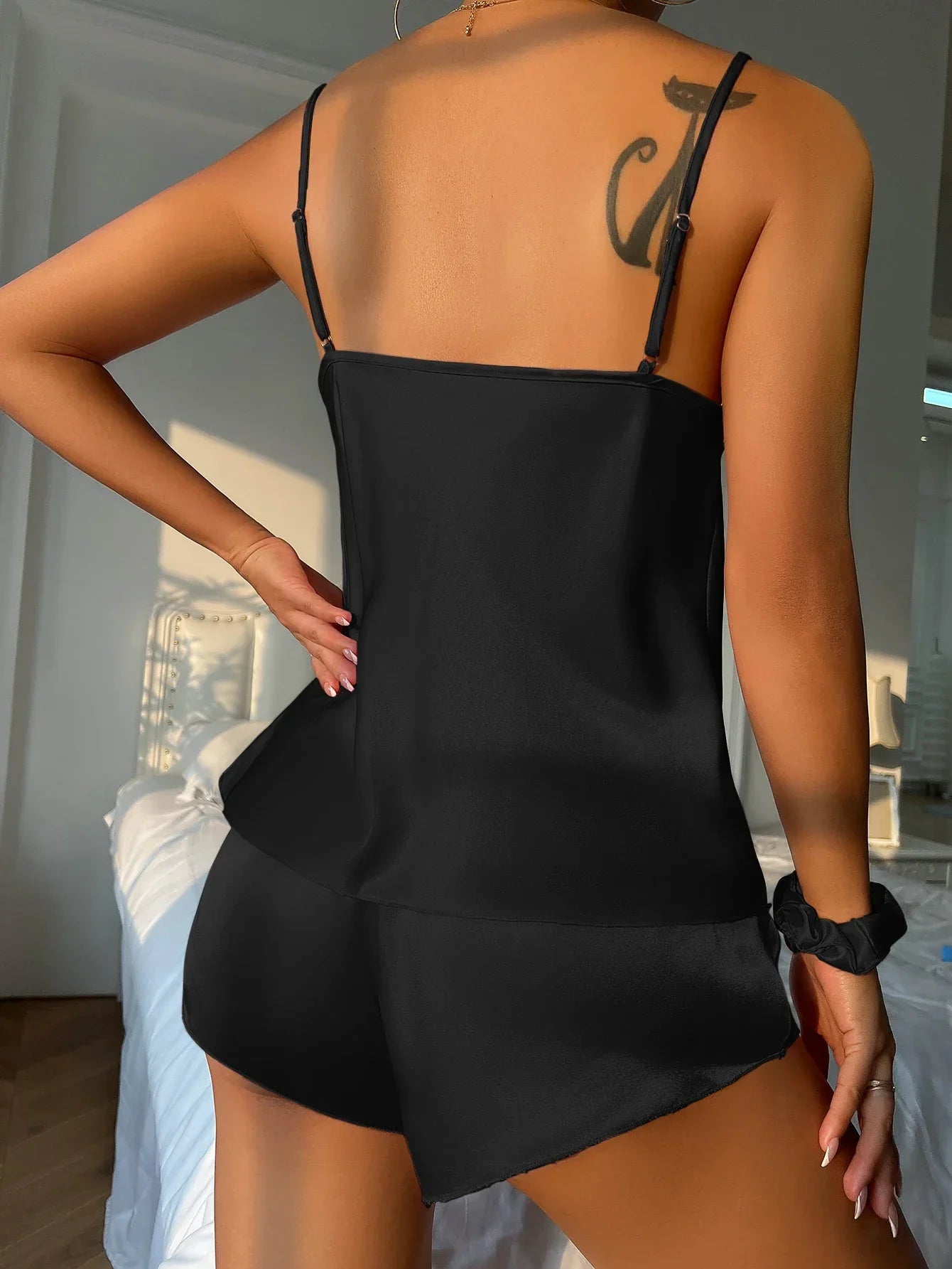 Summer Satin Silk Pajamas Set for Women Sleepwear Deep V Neck Cami Top and Elastic Waistband Shorts Homewear Loungewear