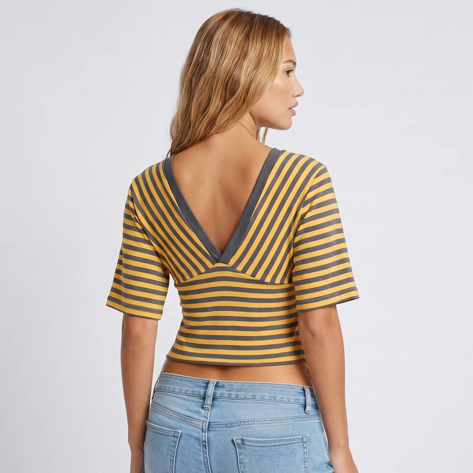 Womens Striped T-shirt Deep V Neck Short Elbow Sleeve Corset Tops 2026 Summer Casual Retro Stylish Shirts