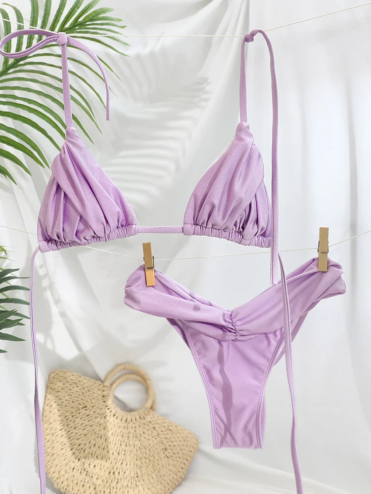 Miyouj Glitter Fabric Bikinis 2026 Sexy Bikini Set Folds Swimsuit Female Halter Bathing Suit Women Swimwear New Beachwear
