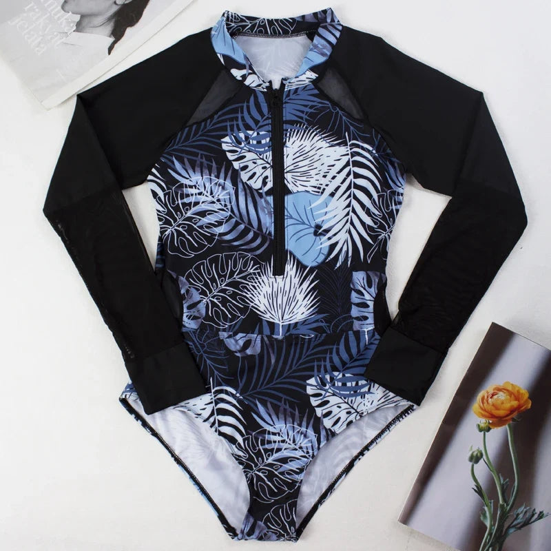 Sports Women's Rashguard Long Sleeves One Piece Swimsuit 2026 Sexy Floral Swimwear Printed Monokini Surf Bathing Suit Bodysuit