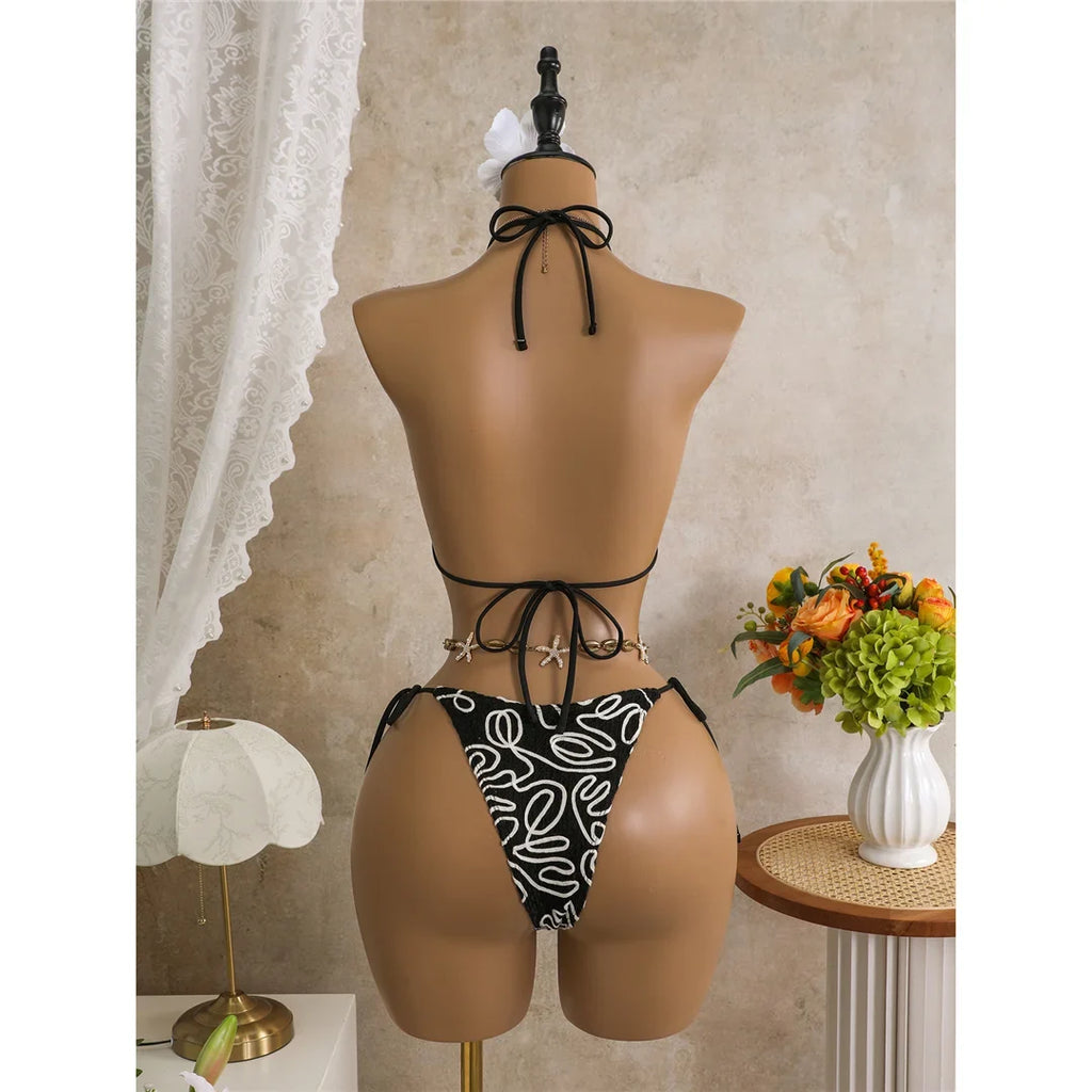 With Sarong Halter Printed Bikini Women Swimwear Female Swimsuit Padded Bather Bathing Suit Swim Three-pieces Bikini set K8073