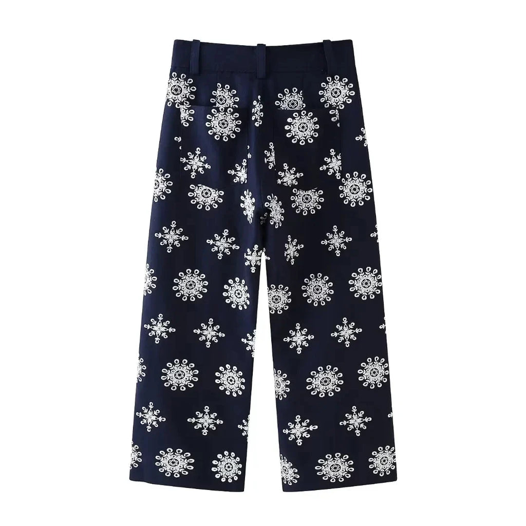 Foridol Floral Embroidery Cropped Pants Women Summer Casual Zip Navy Blue Fashion Female Pants Pantalones 2025 Mujer