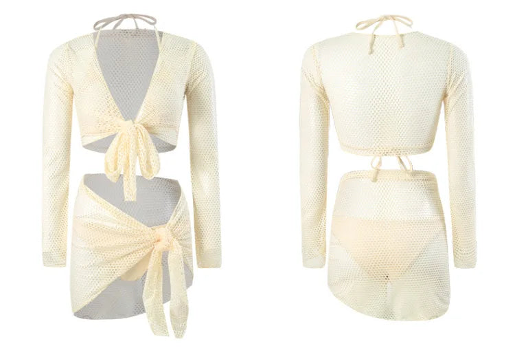 New Korean Push Up Bikinis Sets Solid Beige Long Sleeve Cover Up Mesh Skirt 4 Piece Swimsuit Beach Holiday Bathing Suit Swimwear