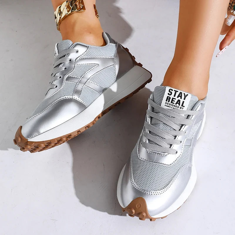 Fashion Thick Sole Silver Sneakers Women 2026 Plus Size 43 Breathable Platform Sport Shoes Woman Anti Slip Lace Up Running Shoes