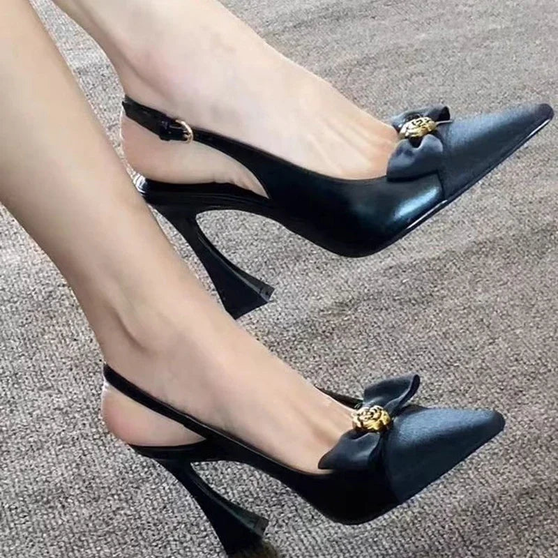 French Bow Knot High Heel Sandals for Women Sexy Back Strap Pointed Toe Sandalias Woman 2025 Office Patent Leather Sandals Mujer