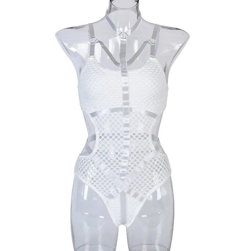 Toucheart Erotic Halter Bodysuit Large Mesh Splicing Andheavy Craftsmanship Women Hollow Seductive Intimate Hot Private Bodysuit